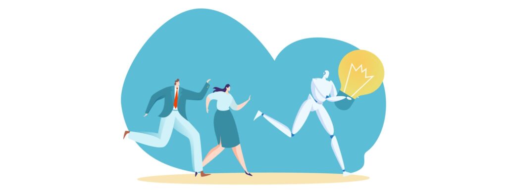 Ilustración de empresarios corriendo detrás de un robot que sostiene una idea, representando el FOMO en torno a la inteligencia artificial.